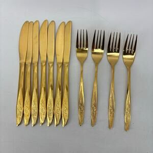 Vassar Nasco Stainless Steel Flatware Gold Tone Wheat Leaves 80s Knifes Forks